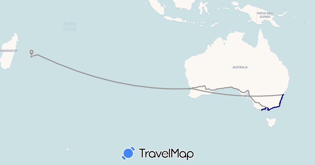 TravelMap itinerary: driving, bus, plane, cycling, hiking in Australia, Mauritius, Réunion (Africa, Oceania)
